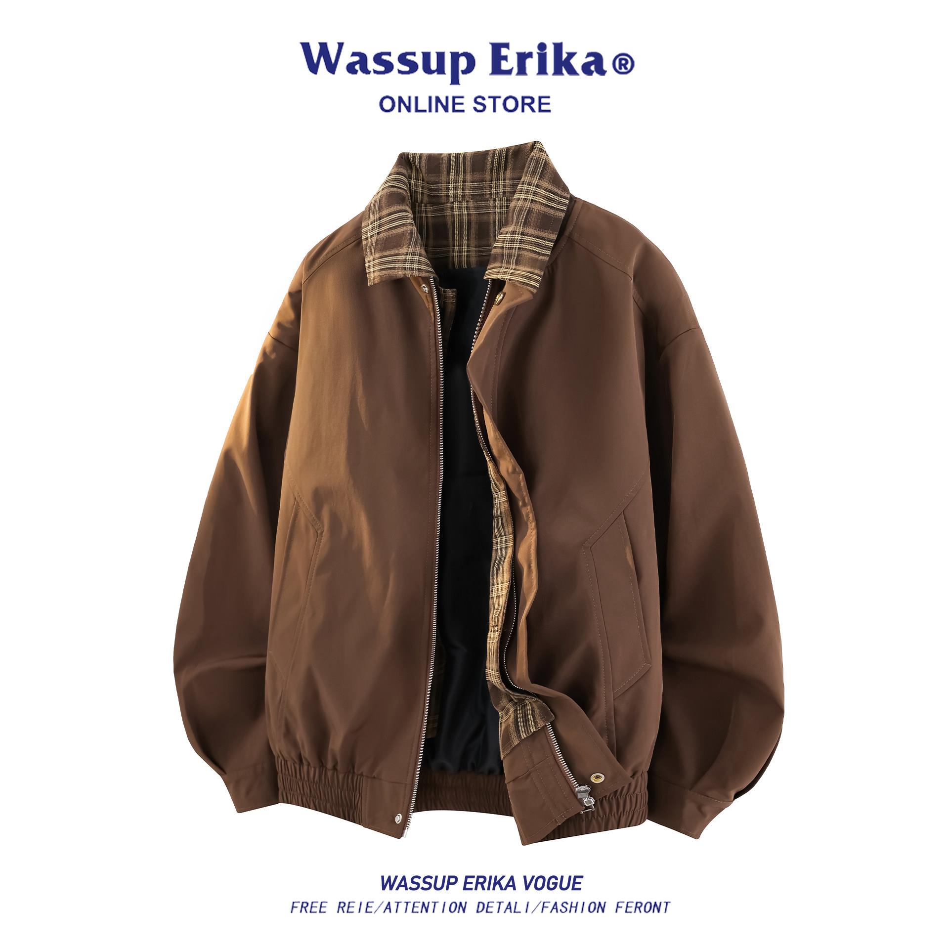 WASSUP ERIKA美式假两件棕色外套男生春季穿搭哈灵顿短款设计夹克
