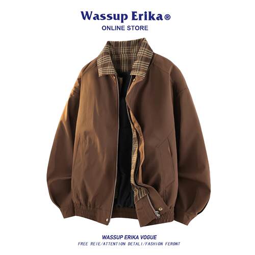 WASSUP ERIKA美式假两件棕色外套男生春季穿搭哈灵顿短款设计夹克