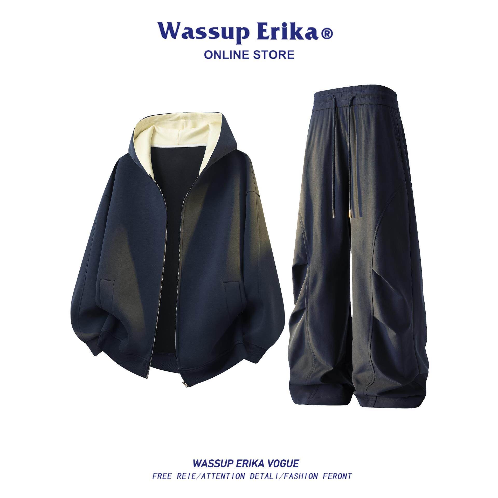 WASSUP ERIKA韩系早秋穿搭藏青色慵懒风休闲运动套装松弛感一整套