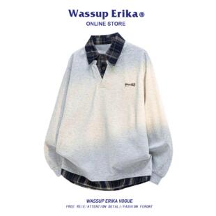 WASSUP ERIKA美式复古假两件卫衣男款春秋格子衬衫领长袖刺绣上衣