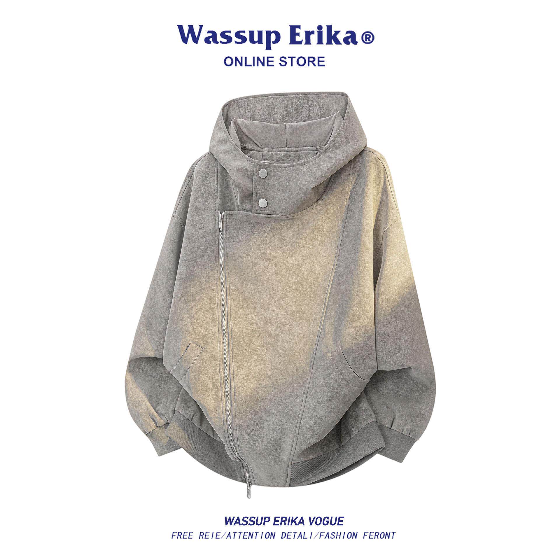WASSUP ERIKA解构空气层连帽夹克外套男女春秋季美式复古拼接皮衣