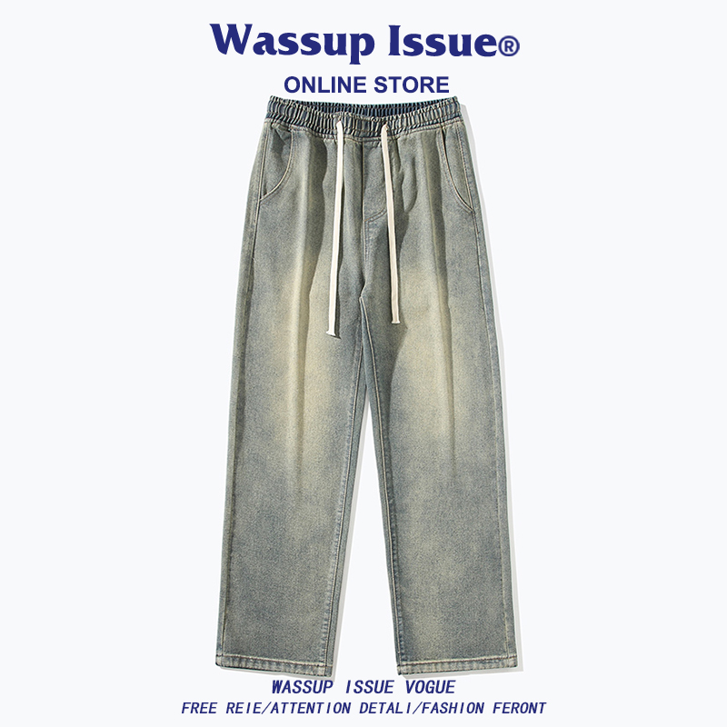 WASSUP ISSUE牛仔裤男款黄泥直筒裤子男夏季美式高街休闲阔腿长裤