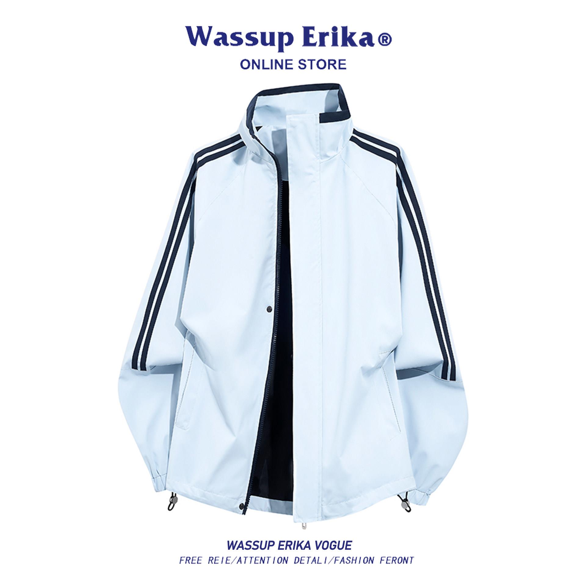 WASSUP ERIKA美式三条杠立领夹克男春秋新款休闲运动情侣蓝色外套