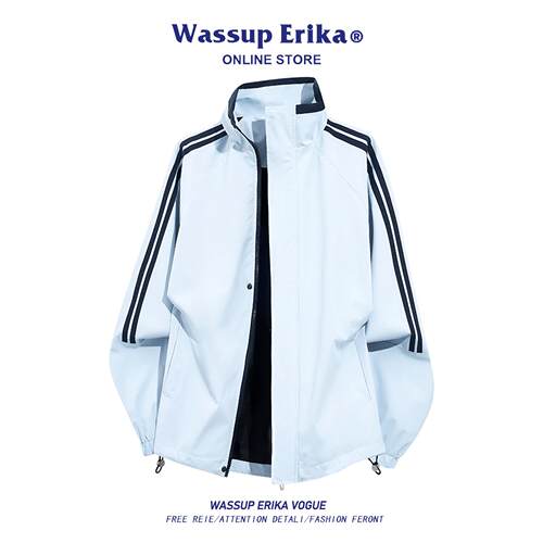 WASSUP ERIKA美式三条杠立领夹克男春秋新款休闲运动情侣蓝色外套