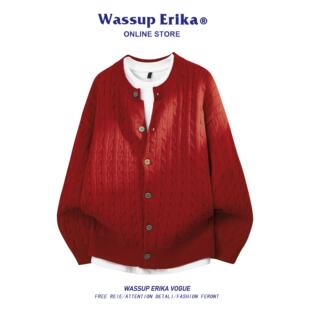 WASSUP ERIKA美式复古麻花开衫毛衣男女秋冬季红色针织衫休闲外衣