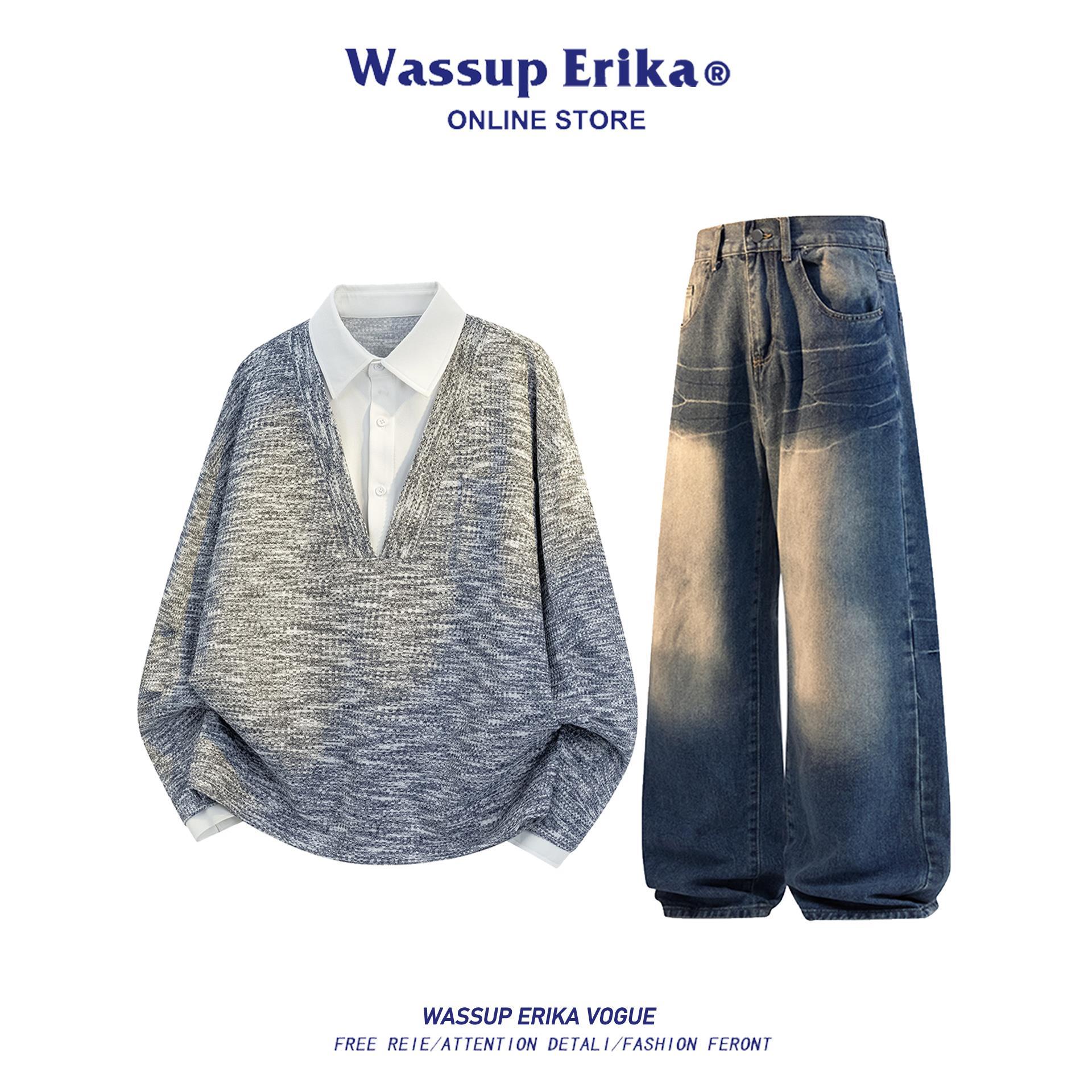 WASSUP ERIKA美式复古潮流套装男秋季高街直筒牛仔裤痞帅卫衣搭配