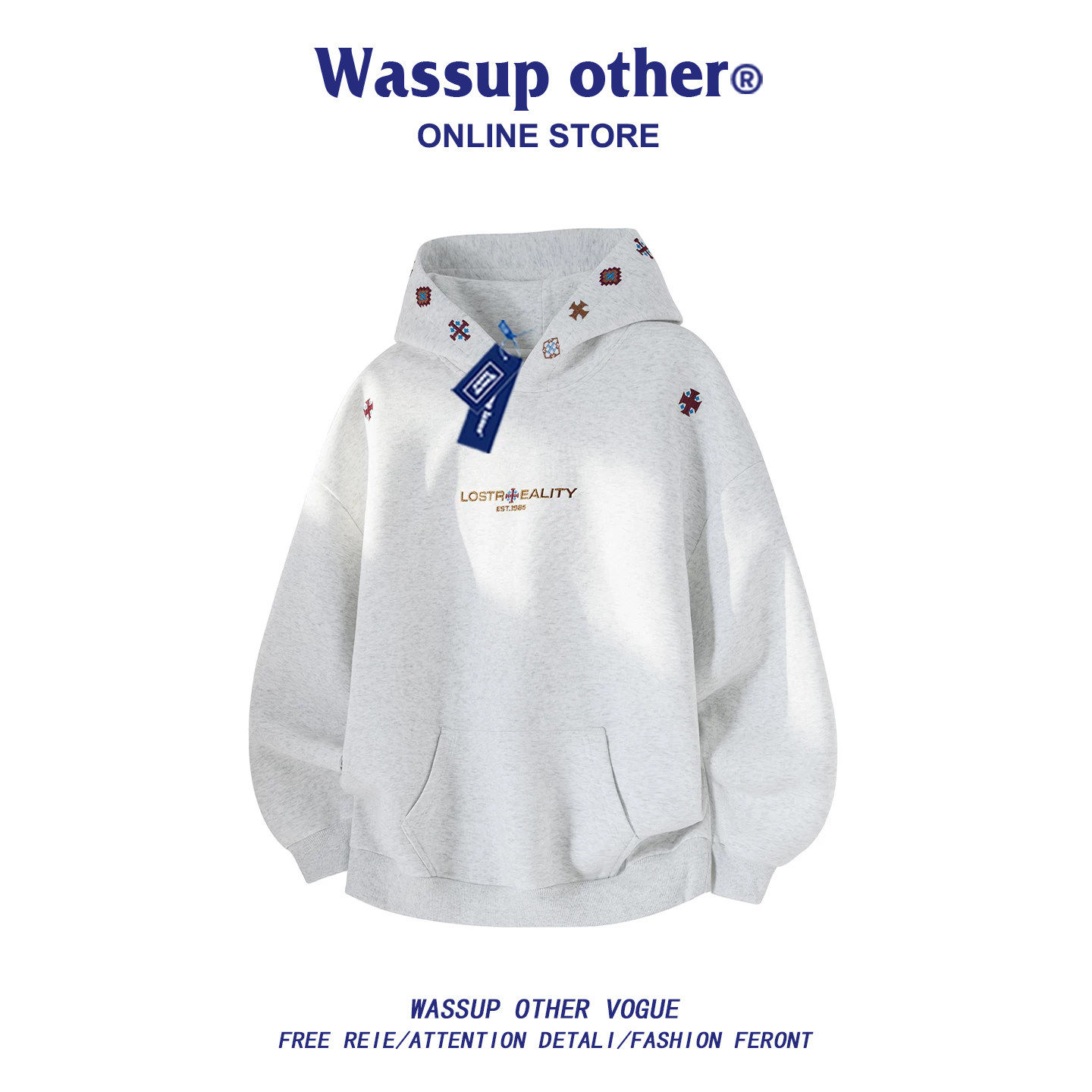 WASSUP OTHER美式刺绣重磅连帽卫衣男款春秋季衣服情侣帽衫外套男