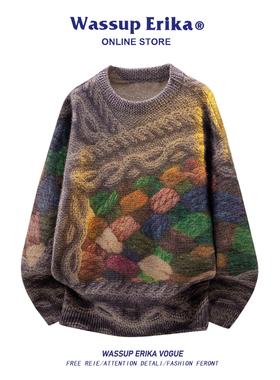 WASSUP ERIKA美式复古彩色提花圆领毛衣男秋冬季日系慵懒风针织衫