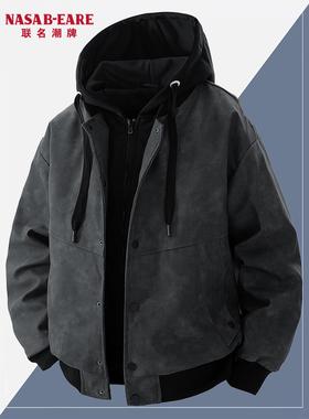 NASAB-EARE假两件男外套2025春秋季新款复古夹克美式宽松痞帅皮衣