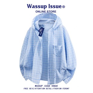 WASSUP ISSUE蓝格子连帽衬衫男款夏季薄款宽松休闲开衫上衣外套女