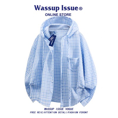 WASSUP ISSUE蓝格子连帽衬衫男款夏季薄款宽松休闲开衫上衣外套女