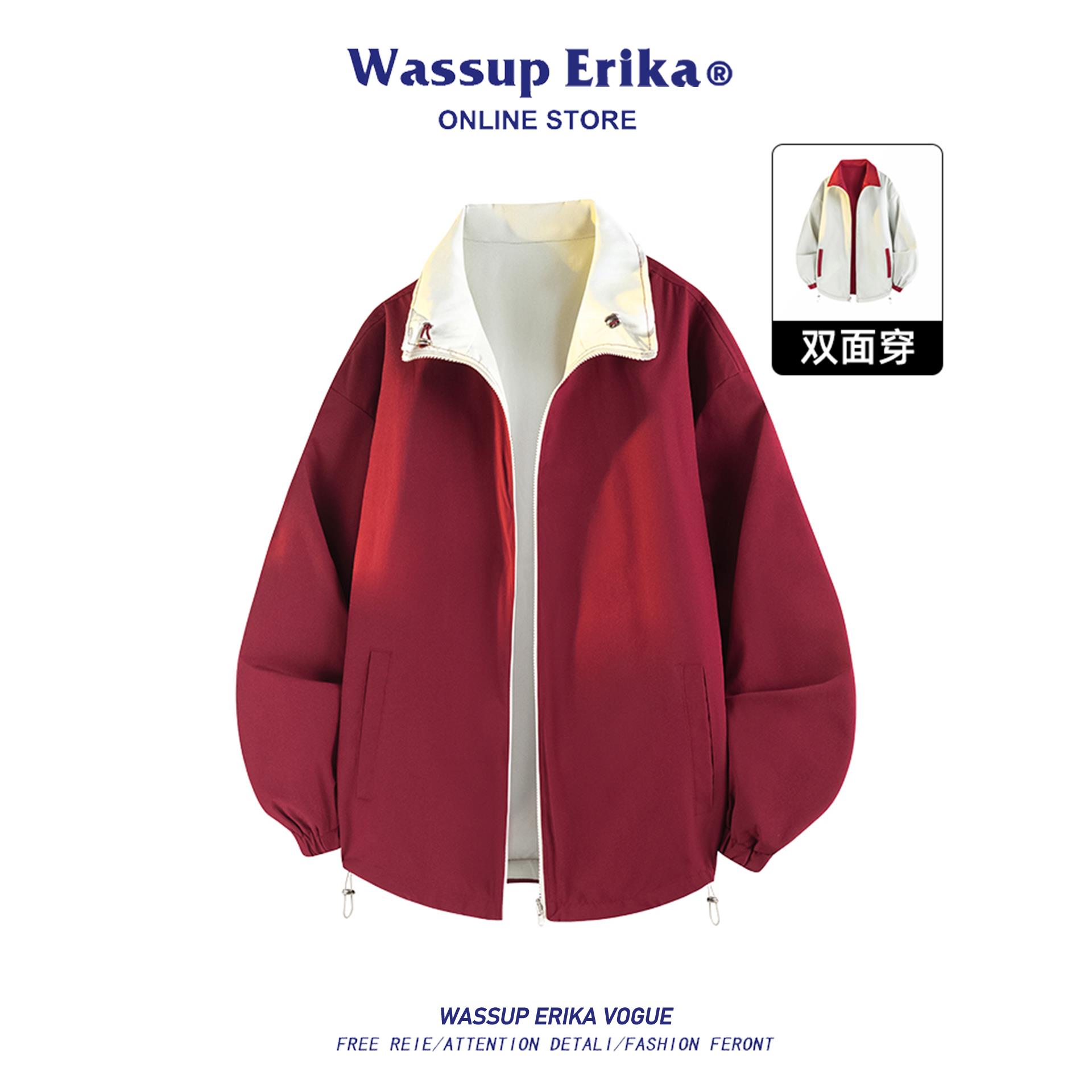 WASSUP ERIKA日系多巴胺双面穿夹克男士秋季新款红色立领飞行外套