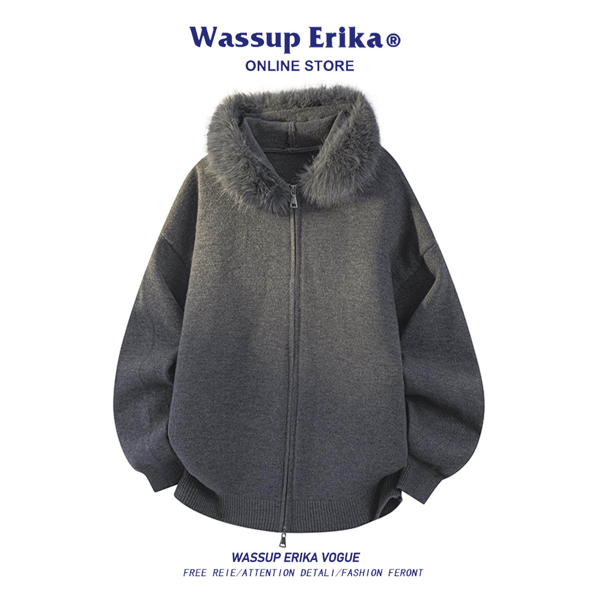 WASSUP ERIKA高级感开衫毛衣外套男款秋季美式复古毛领连帽针织衫