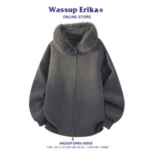 WASSUP ERIKA高级感开衫毛衣外套男款秋季美式复古毛领连帽针织衫