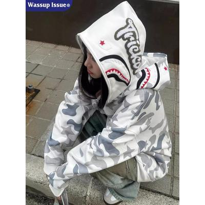 WASSUP ISSUE美式鲨鱼头迷彩卫衣男款双帽春秋重磅衣服情侣外套男
