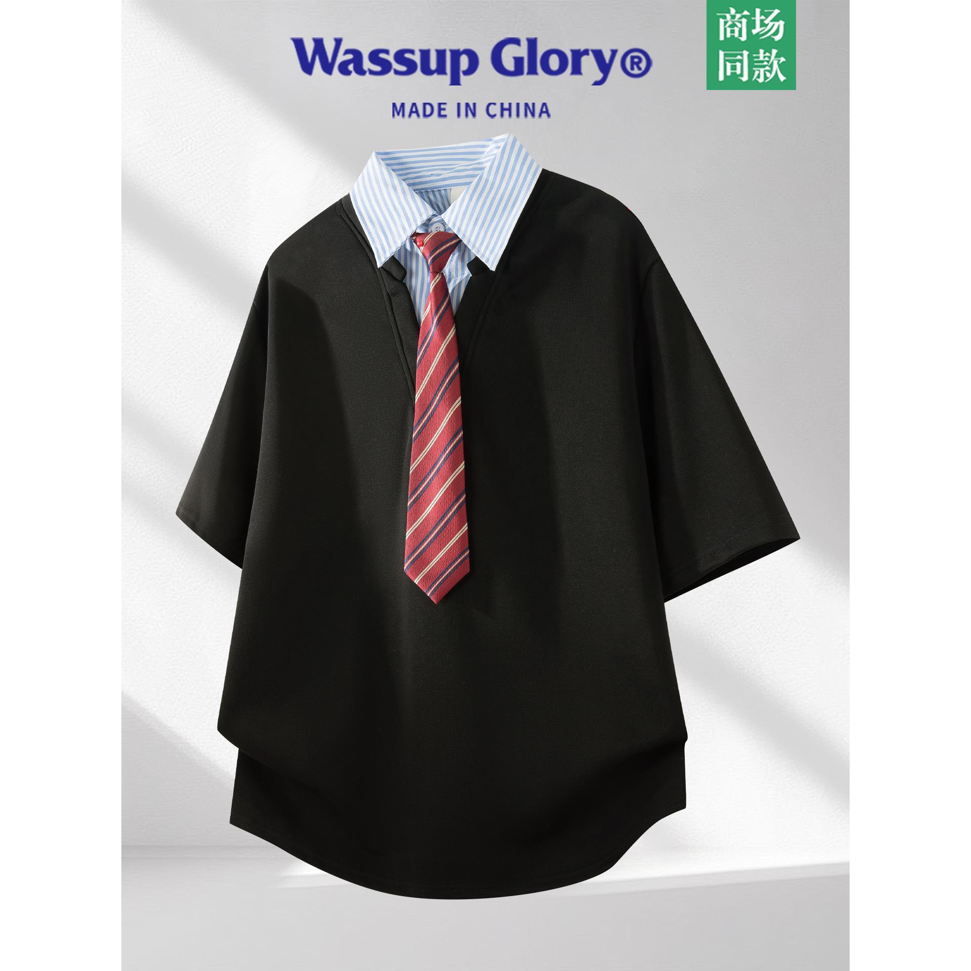 WASSUP GLORY假两件polo衫男夏季潮牌宽松条纹衬衫领