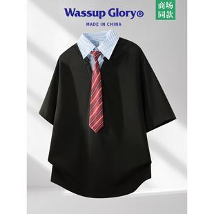 领短袖 WASSUP 潮牌宽松条纹衬衫 GLORY假两件polo衫 领带t恤 男夏季