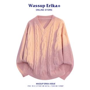 WASSUP ERIKA韩版麻花V领针织衫男女秋冬季宽松高级感慵懒风毛衣