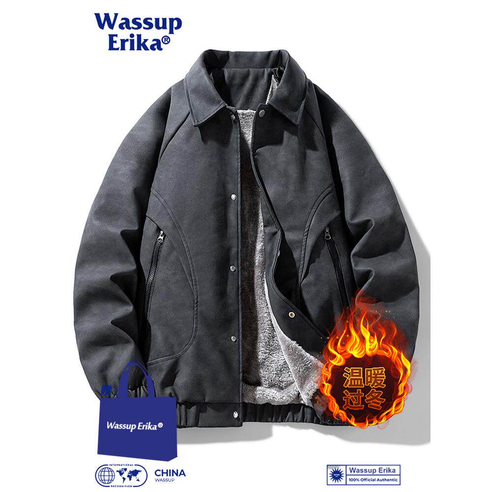WASSUP ERIKA复古加绒PU皮外套男冬季加厚机车夹克保暖飞行员皮衣