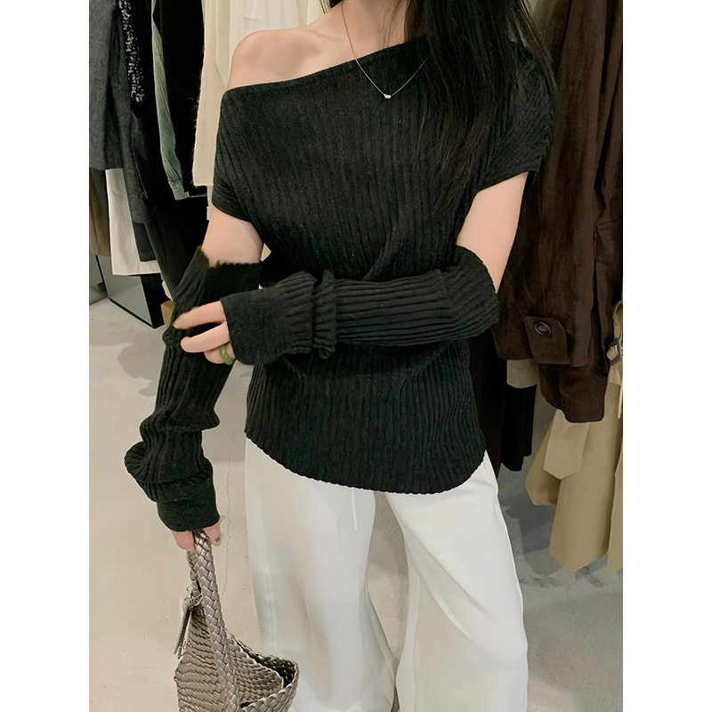 元派bluepops2025秋季新款韩版斜领袖套针织衫气质坑条露肩女上衣