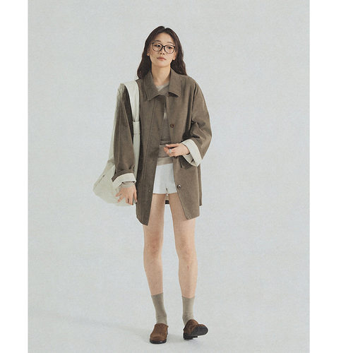 元派bluepops2025秋新款韩版工装风翻领皮衣外套宽松中长款风衣女