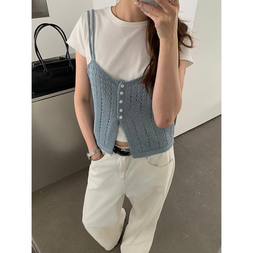 bluepops2024春季新款韩版镂空修身显瘦吊带背心叠穿小衫女上衣