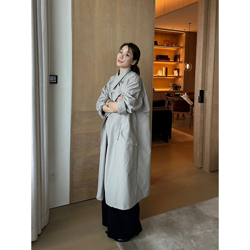 元派bluepops2025秋季新款韩版立领长款风衣廓形长款单排扣女外套
