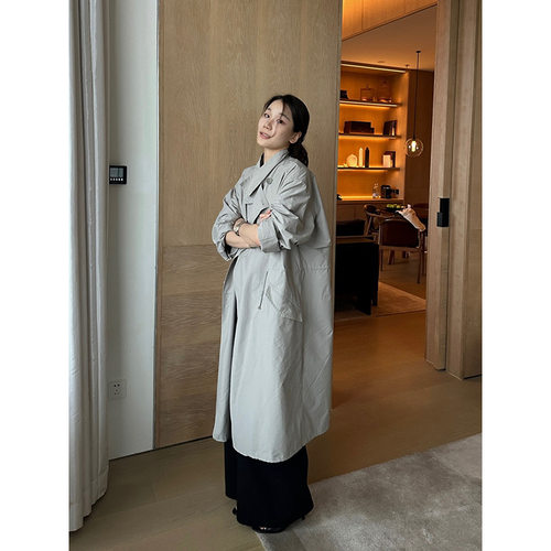 元派bluepops2025秋季新款韩版立领长款风衣廓形长款单排扣女外套