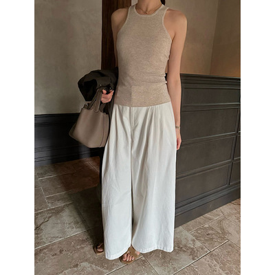 元派bluepops2025秋季新款休闲白色百搭棉质高腰遮胯阔腿裤女长裤