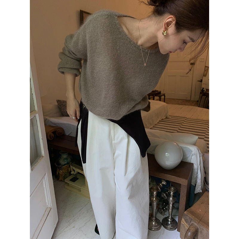 bluepops2024秋季新款韩版简约慵懒马海毛毛衣宽松圆领针织衫女