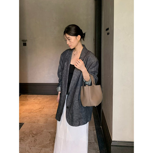 元派bluepops2025秋季新款韩版通勤廓形亚麻宽松翻领西装外套女
