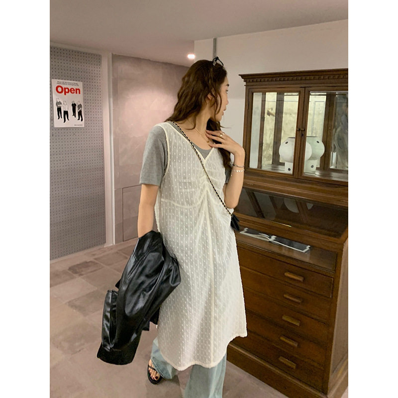 bluepops2024夏季新款韩版薄款微透叠穿罩裙V领波点背心连衣裙女