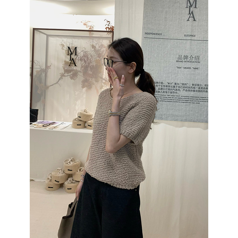 元派bluepops2025秋季新款韩版休闲编织短袖羊毛圆领针织衫女上衣