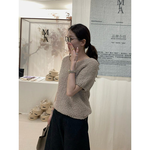 元派bluepops2025秋季新款韩版休闲编织短袖羊毛圆领针织衫女上衣