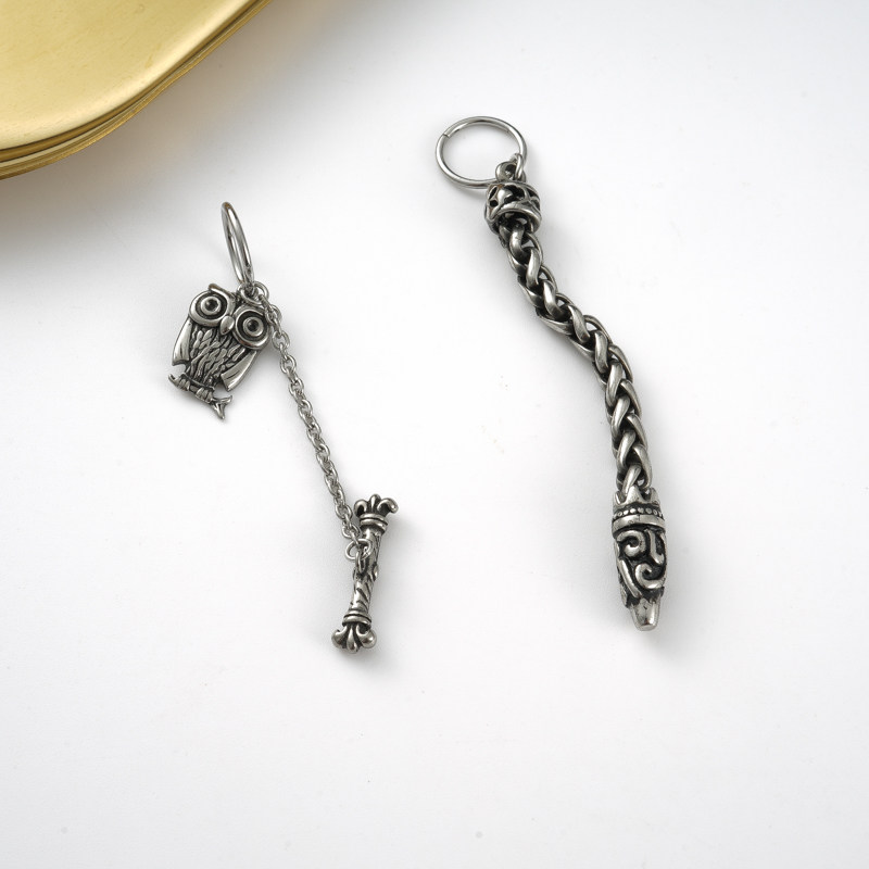 韩国进口穿刺饰品复古钛钢猫头鹰链条耳骨耳钉个性独特设计感