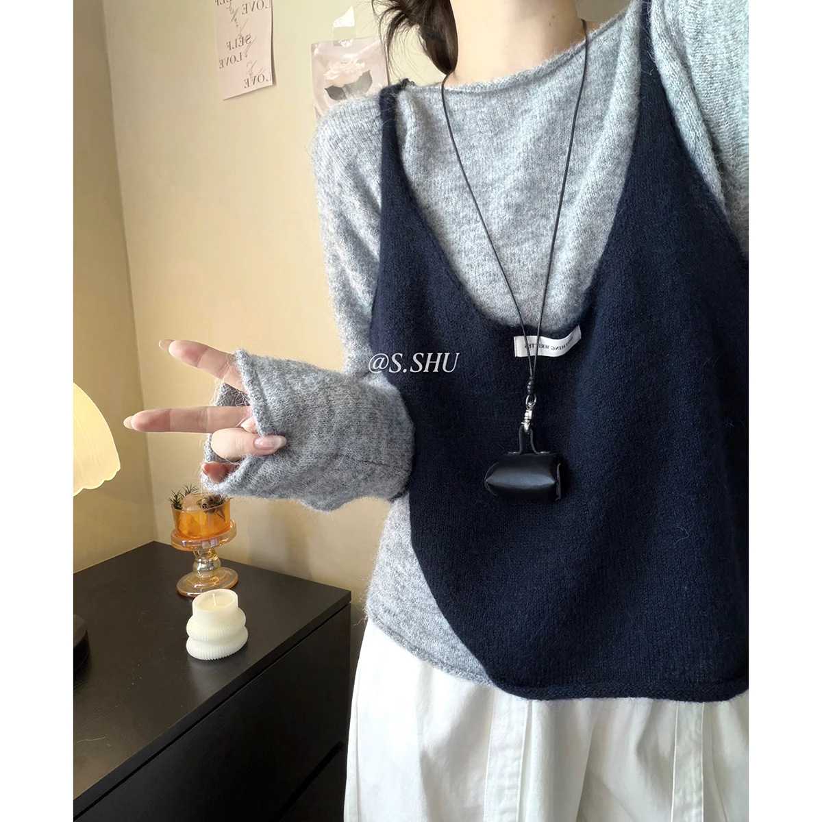 秋季韩系慵懒风撞色针织毛衣+女