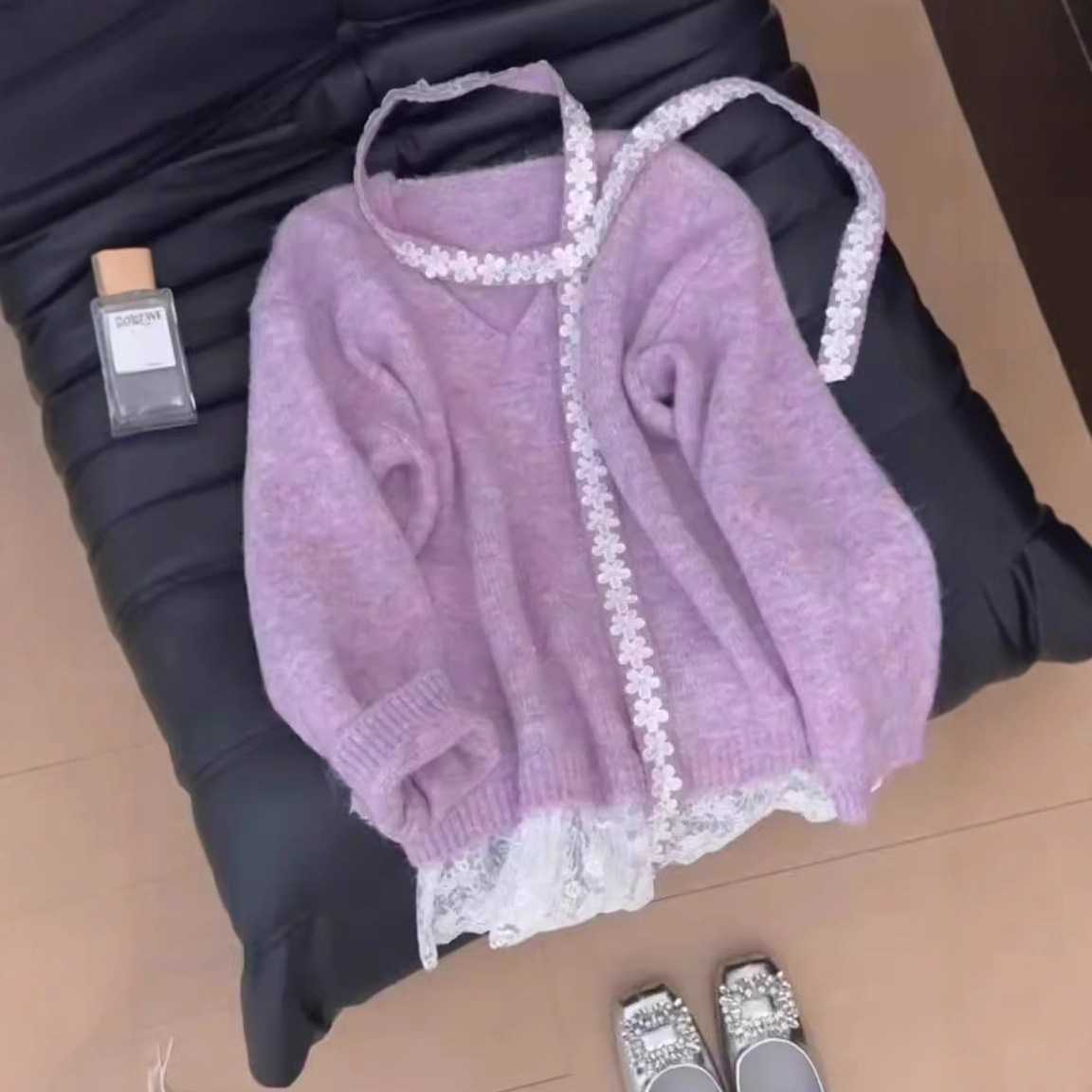 法式紫色蕾丝飘带领针织毛衣女潮