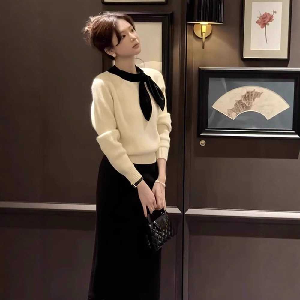 温柔风白色气质领结毛衣女秋冬
