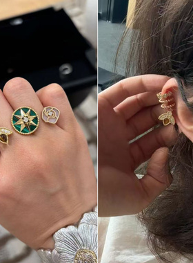 高级感天然石幸运罗盘戒指双指女轻奢徽章八芒星蜜蜂单只耳骨夹女