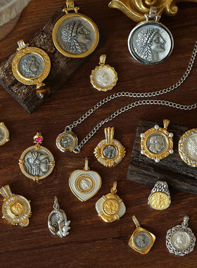 单坠可配项链vintage中古风925银浮雕人像古银币钱币吊坠复古金币