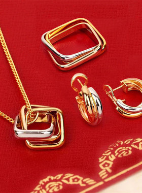 重工分层电镀个性项链设计三环方形戒指女三种拼色戒圈中性耳环