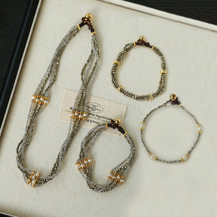 小众复古choker项链手工锤痕金币金矿石串珠手链叠戴编织手绳女