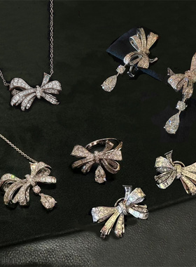 高定版精工925银蝴蝶结套装水滴项链女气质耳钉夸张蝴蝶戒指满钻