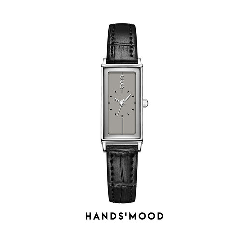 HANDSMOOD长方形银灰色高级感时尚通勤百搭女士真皮石英手表13080