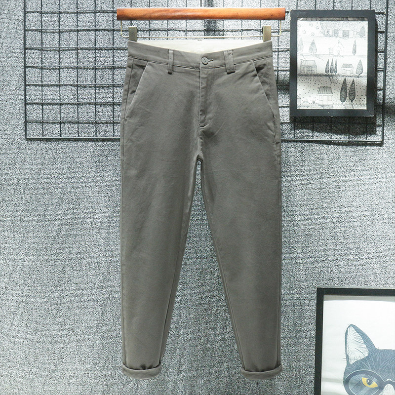 春秋季纯棉棕色九分休闲裤男修身直筒加绒加厚宽松西裤高端裤子