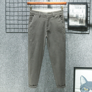 春秋季纯棉棕色九分休闲裤男修身直筒加绒加厚宽松西裤高端裤子