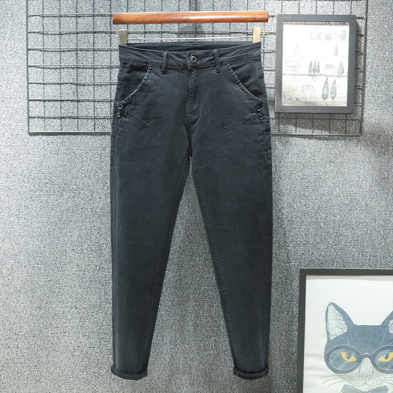 加绒加厚秋冬季锥形牛仔裤男士修身小脚长裤休闲弹力黑灰2024新款