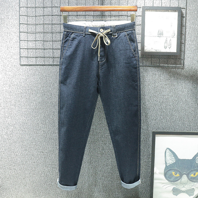 2024新款宽松深蓝色牛仔裤男休闲小脚九分小直筒夏季锥形长裤蓝黑