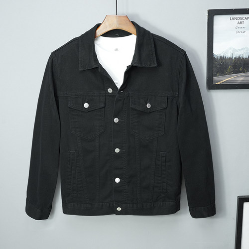 全棉春秋季纯黑色牛仔外套男高端休闲夹克短款纯棉秋冬上衣新款