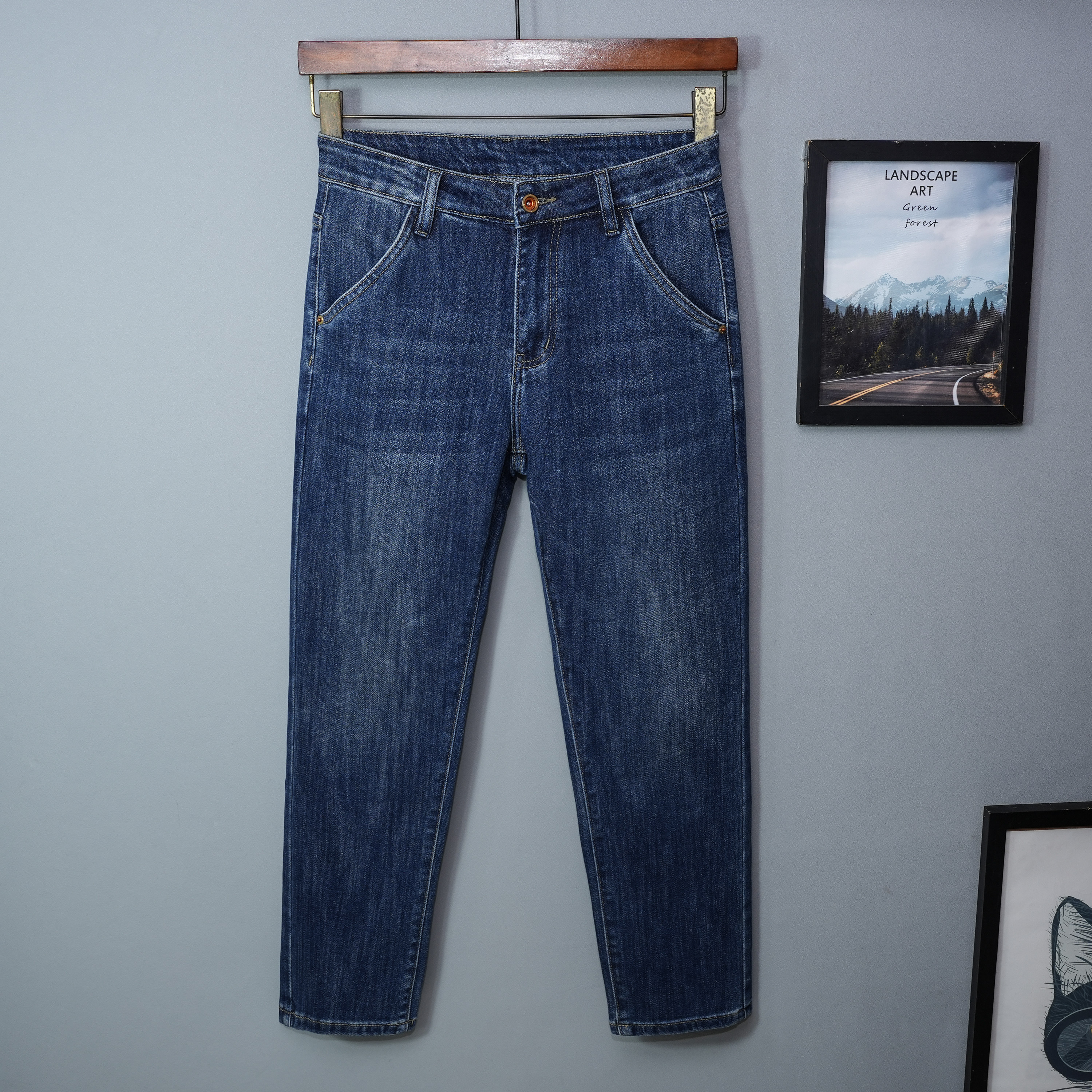 2025新款秋季深蓝色九分牛仔裤男士宽松小直筒休闲春秋款潮流弹力